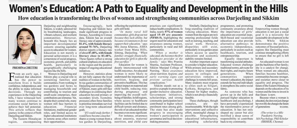 Newspaper clipping: Women's Education — A Path to Equality and Development in the Hills